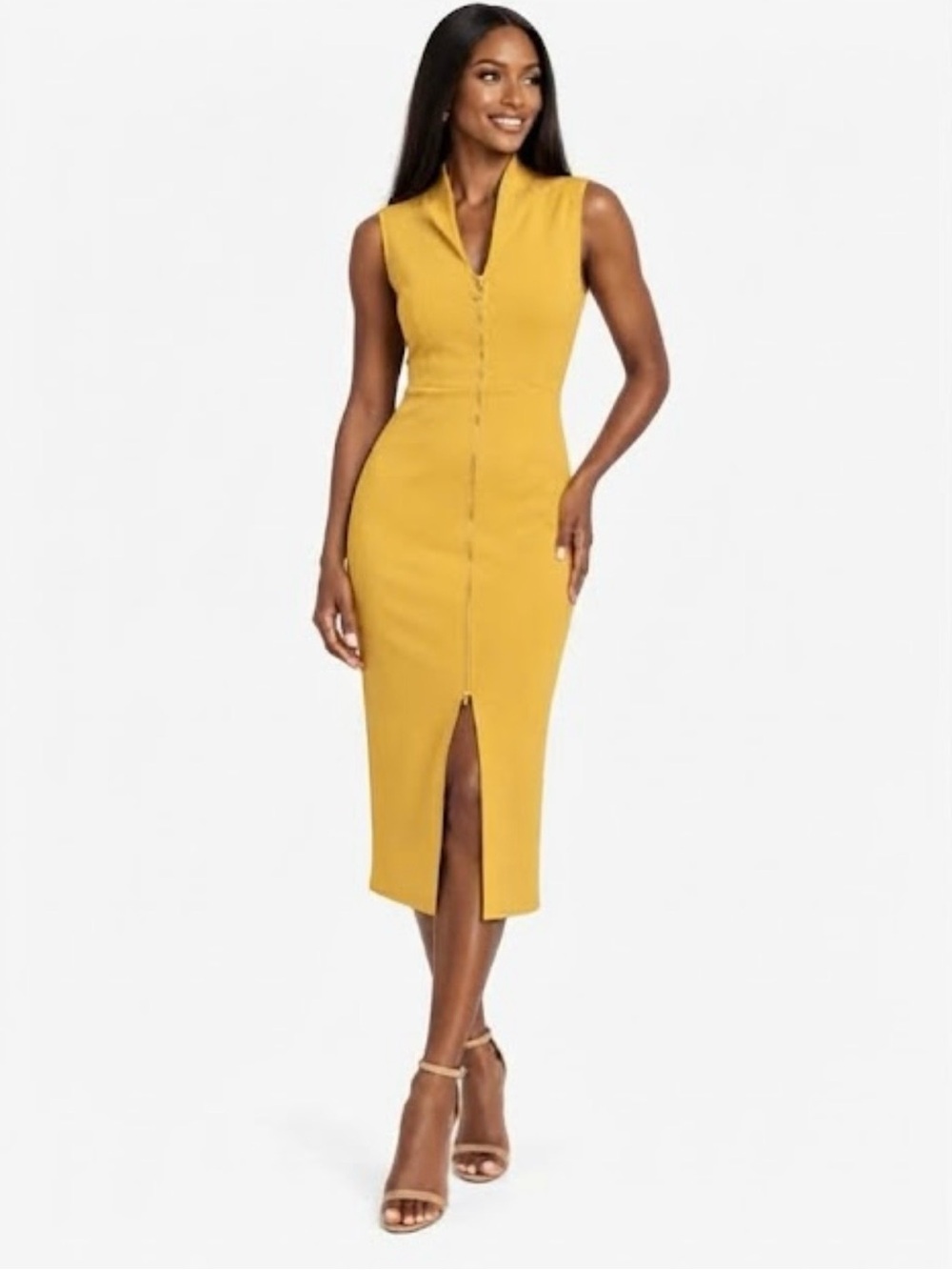 Love J Mustard Yellow Zip Front Sleeveless Midi Bodycon Dress NWT XL
